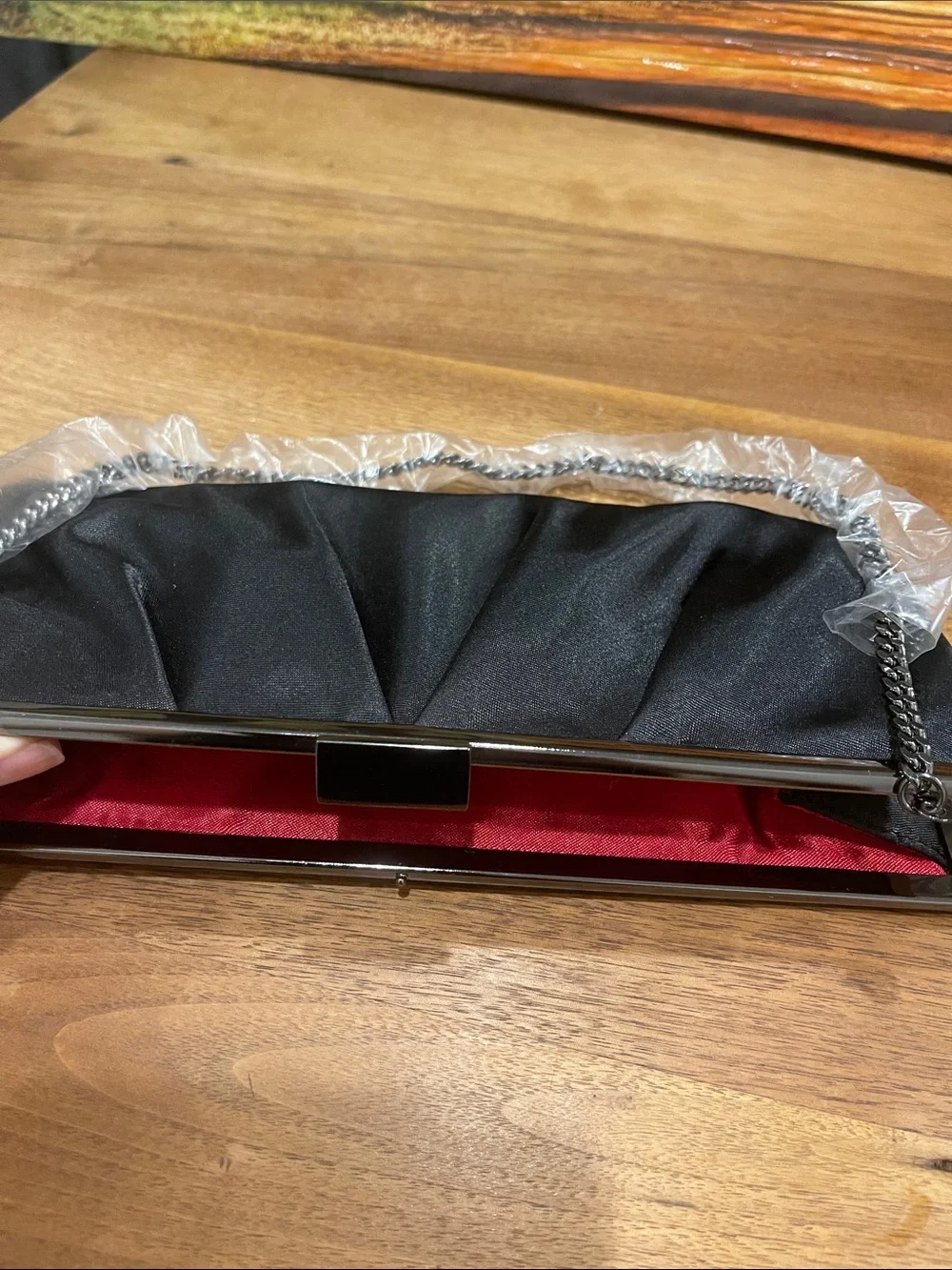 Ann Taylor Loft Black Satin Evening Clutch with Chain Strap